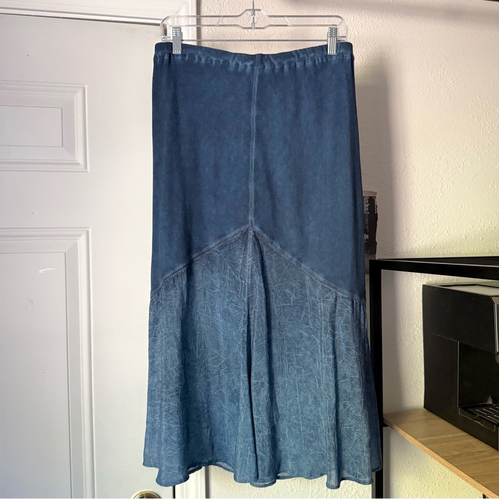 BARBARA LESSER‎ blue cotton garment dye indigo mixed sheer ribbed midi skirt